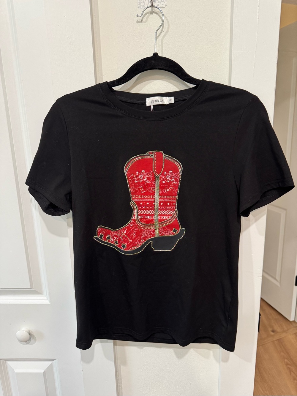Black Short-Sleeve Tee with Red Cowboy Boot Motif